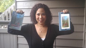 The author holding copies of her book '13 Morbid Tales'