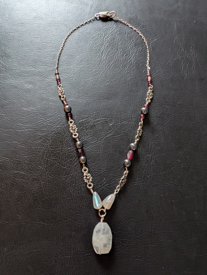 Moonstone, garnet, and hematite necklace