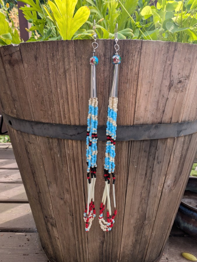 Dangle earrings beaded in the Cherokee style